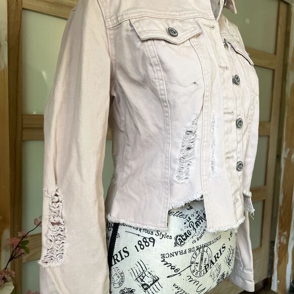 Cropped Denim Jacket Womens M Jessica Simpson Fitted Button Down Distressed - Picture 5 of 14